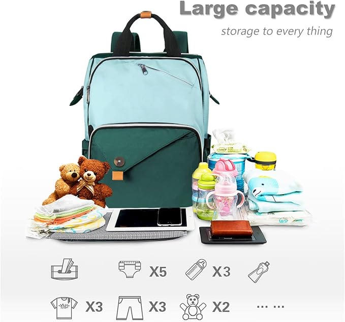 Hap Tim Baby Diaper Bag for Boys Girls, Large Backpack Diaper Bags with Double Compartments, Baby Registry Search Shower Gifts Stuff Newborn Must Haves, Green（7340-GR）