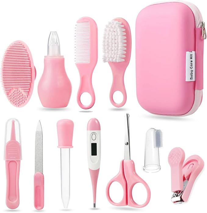 PandaEar Baby Healthcare and Grooming Kit, Baby Safety Set Baby Comb, Brush, Finger Toothbrush, Nail Clippers, Scissors, Nasal Aspirator, Baby Essentials Nursery Care Kit (Pink)