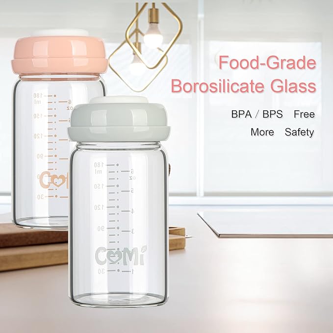 COMI Wide Neck Glass Breastmilk Collection n Storage Bottle, 6oz with Screw Ring Sealing Disk; Re-markable Sealing Disc. BPA Free, Fits Breast Pumps & Nipples (Pink Lids)