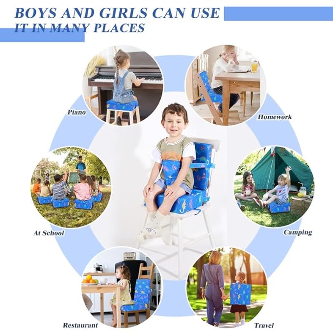 Toddler Booster Seat for Dining Table, Dinosaur Booster Seat for Table with Backrest and Adjustable Seat Belts Non-Slip Bottom Portable Booster Seat Increasing Cushion for Kid Baby Eating Travel Home