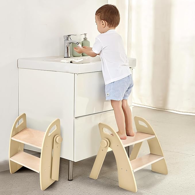 Wooden 2 Step Stool for Kids Bathroom Sink Foldable Anti-Slip 2-Step for Toilet Potty Training, Child Stepping Stool for Kitchen Nursery Bedroom, Sturdy Non Slip Adult Stool for Closet