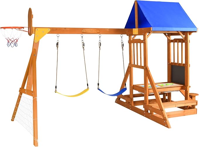 6-in-1 Wooden Playground Playsets for Backyards, Outdoor Swing Sets for Kids Ages 3-6, Little Playground Set with Picnic Table, Drawing Board, Sandbox, Swings, Basketball Hoop & Soccer Net