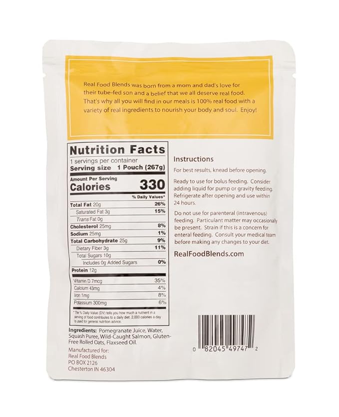 Real Food Blends Salmon, Oats & Squash - Pureed Food Meals for Tube Feeding with Protein, Vegetables & Fruits - 330 Calories for Lunch & Dinner - 9.4 oz (Pack of 12)