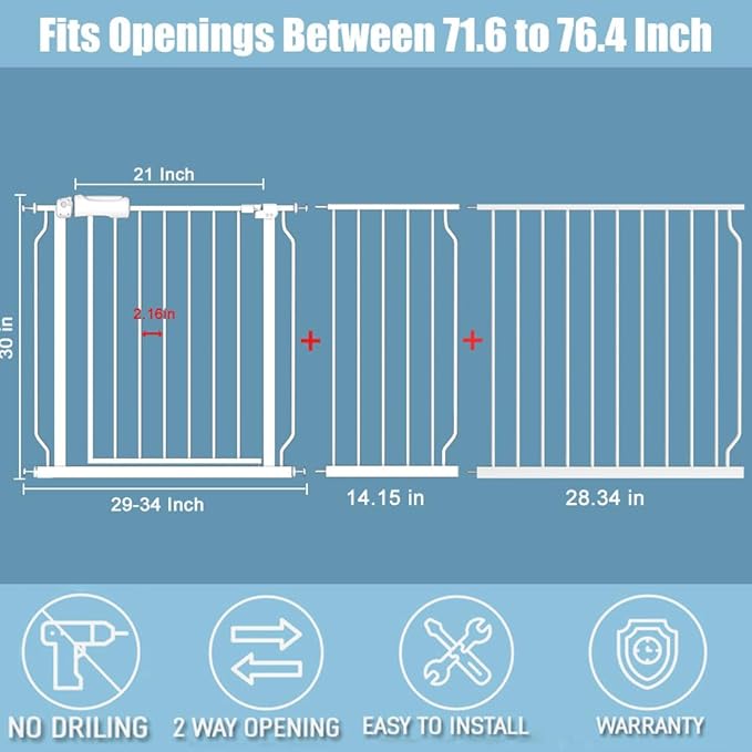 Extra Wide Baby Gates 71.5-76.3 Inch White Pressure Mounted Baby Gate Indoor Safety Gates Pressure Mounted Child Gate for Stairs Doorways Hallways