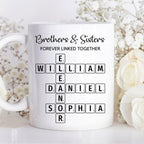 Family Forever Linked Together Custom Names Ceramic Mug, Crossword Puzzle Art, for Birthday, Anniversary or Special Occasions (Brothers & Sisters Forever Linked Together White Mug Ver 1)