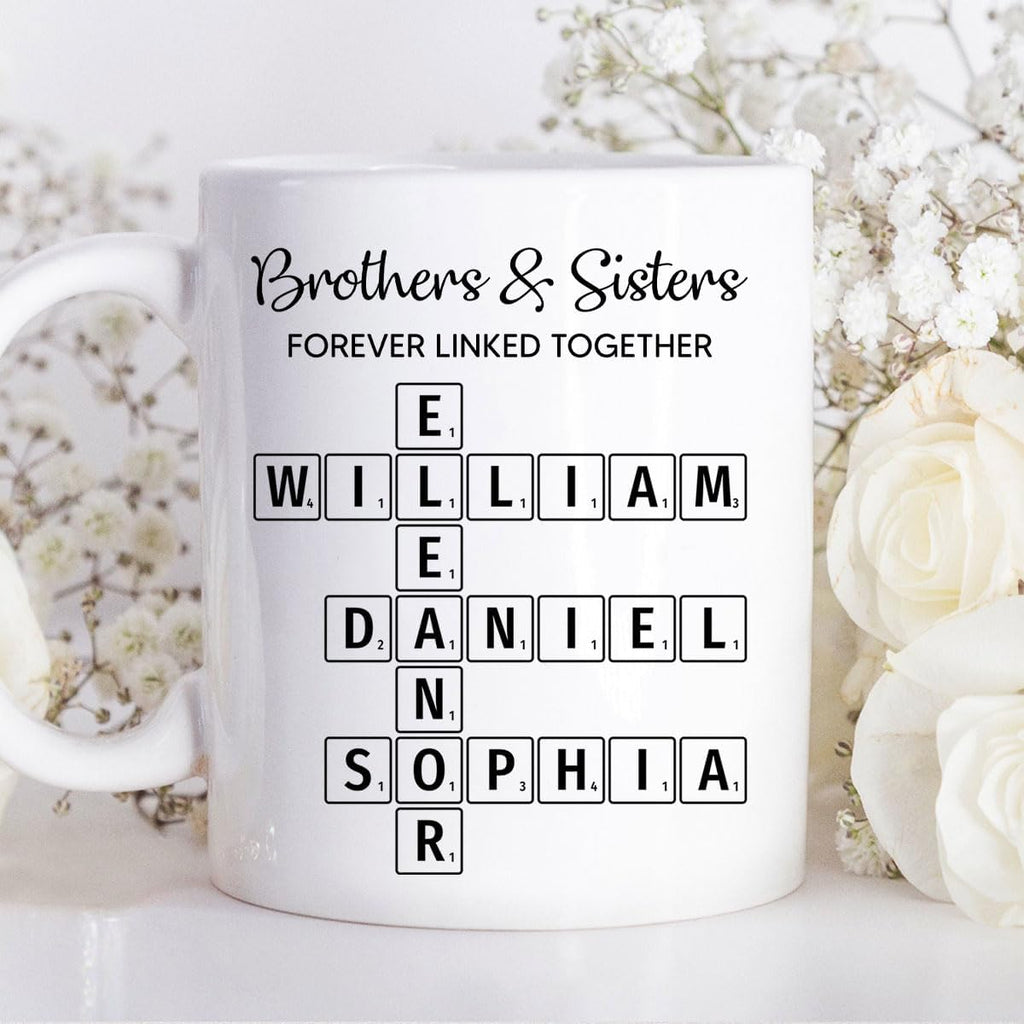 Trending Custom Brothers & Sisters Forever Linked Together Personalized White Mug Brothers Sisters Crossword Puzzle Art Mug, Gift For Brothers, Sisters, Siblings, Family Member on Birthday Christmas