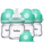 YOHKOH Natural Glass Baby Bottle with Natural Response Nipple, Newborn Anti-Colic Baby Bottles, Wide Neck Mushroom Cap Baby Bottle, Clear (3.4oz (Pack of 4), Blue)