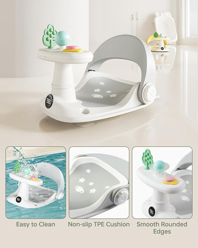 Baby Bath Seat for Babies 6 Months & Up Bath Seats for Babies Sitting Up Non-Slip Infant Bathtub Chair with Suction Cups & Water Thermometer for Toddlers Sitting Up, Easy to Clean (Gray)