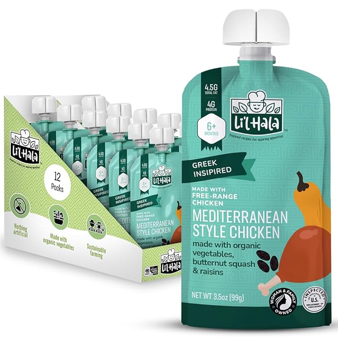 Li’l Hala Mediterranean Chicken Baby Food Pouches – Free-Range Chicken & Organic Veggies – Toddler Meals with Meat – Protein & Healthy Fats Puree – No Hormones – 6+ Months – 3.5 oz (12 Pack)