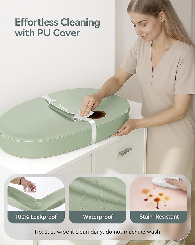 COMOMY Baby Changing Pad with Wipeable & Waterproof PU Cover, Contoured Diaper Changing Pad for Dresser with Non-Slip Safety Belt, Portable and Lightweight, Large Cushioned Foam, Green
