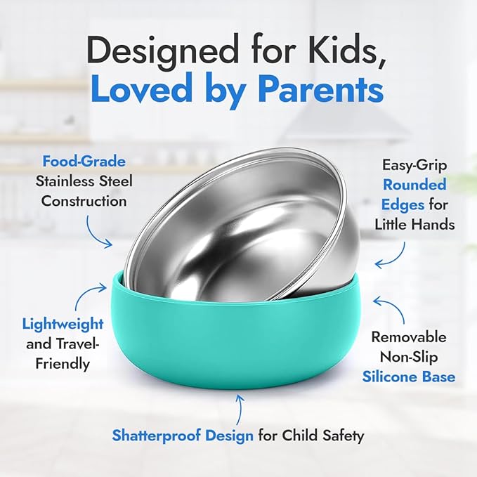 Stainless Steel Bowls with Removable Soft Silicone Sleeves | BPA-Free, Non-Toxic, Non-Slip, Stay-Put | Perfect for Kids, Toddlers & Babies | Ideal for Cereal, Snacks & Meals | 4 Pack