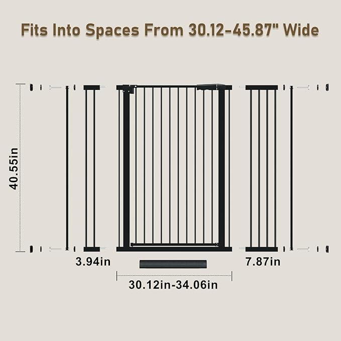 WAOWAO 40.55" Extra Tall 1.37" Ultra Narrow Spacing 30.12-45.87" Extra Wide Dogs Pets Baby Gate Safety Indoor Puppy Pressure Mounted Gate No Drill Black Metal for Stairs,Doorways,Kitchen,Hallway