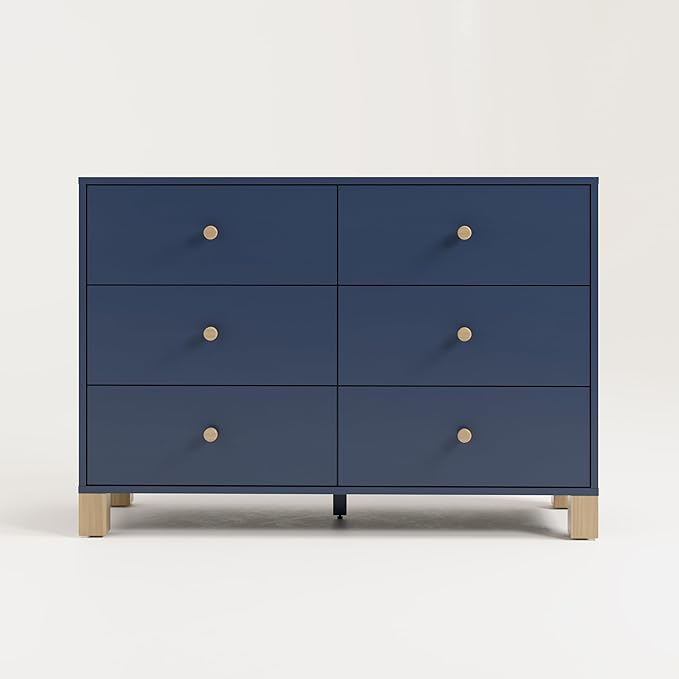Storkcraft California 6 Drawer Double Dresser (Midnight Blue with Driftwood) – GREENGUARD Gold Certified, Spacious Storage Organizer for Kids’ Room, Safety Interlocking Drawer System