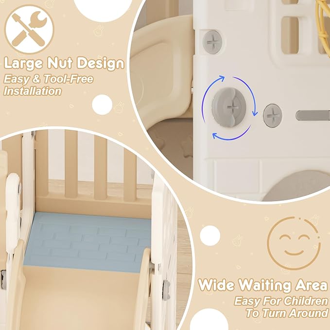 YUFU 8 in 1 Toddler Slide Set, Kids Slide for Toddlers Age 1-3, Toddler Playset with Climber, Basketball Hoop and Ball, Outdoor Indoor Playground for Toddlers 1-3 (Beige+Coffee)