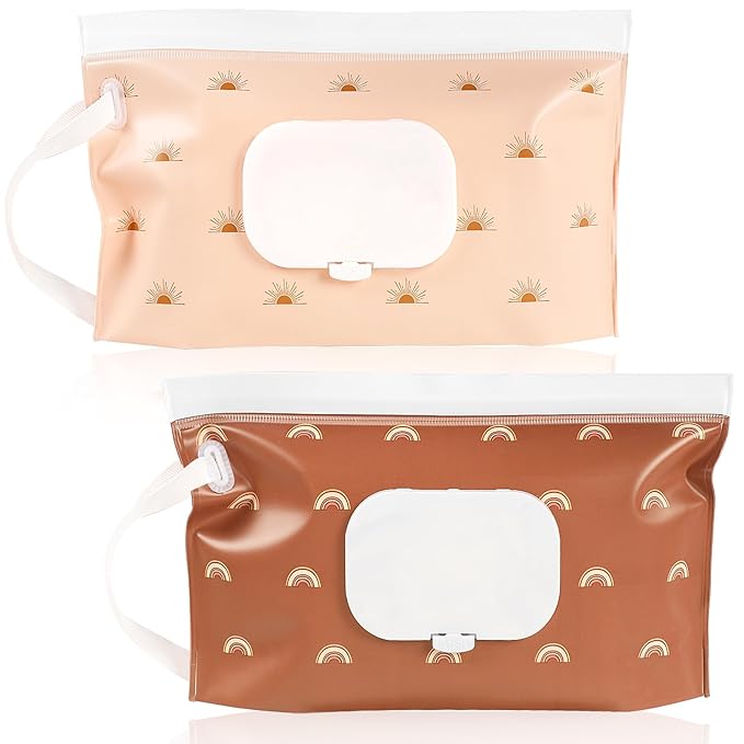 FEBSNOW 2 Pack Baby Wipes Dispenser, Portable Refillable Wipe Holder Baby Wipes Container Travel Wipes Case Reusable Boho Wet Wipes Pouch
