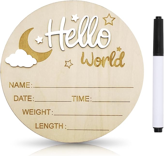 Baby Announcement Sign, 5.9 Inch Wooden Hello World Newborn Signs, Birth Announcement Sign and Pen, Moon and White Cloud Decoration, Welcome Newborn Arrival to World, Hospital Nursery for baby (White)