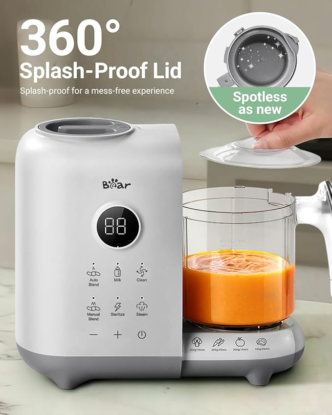 Bear Baby Food Maker with Two Layer Steam Baskets, Multifunction Baby Food Processor Steamer Puree Blender, Baby Food Mill with Bottle Warming Sterili-zing Auto Cleaning Function, BPA-Free, White