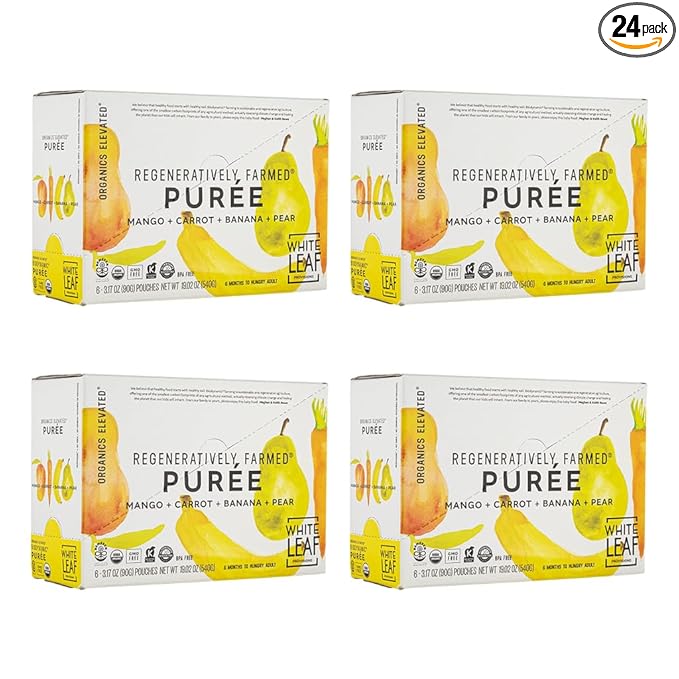 White Leaf Provisions Organic Purees / Baby Food Pouches - Fruits, Veggies & Grains, Toddler snack, Regeneratively Farmed, No Added Sugar, Non-GMO, BPA-Free Pouches 3.17 oz (Pack of 24, Mango + Carrot + Banana + Pear)