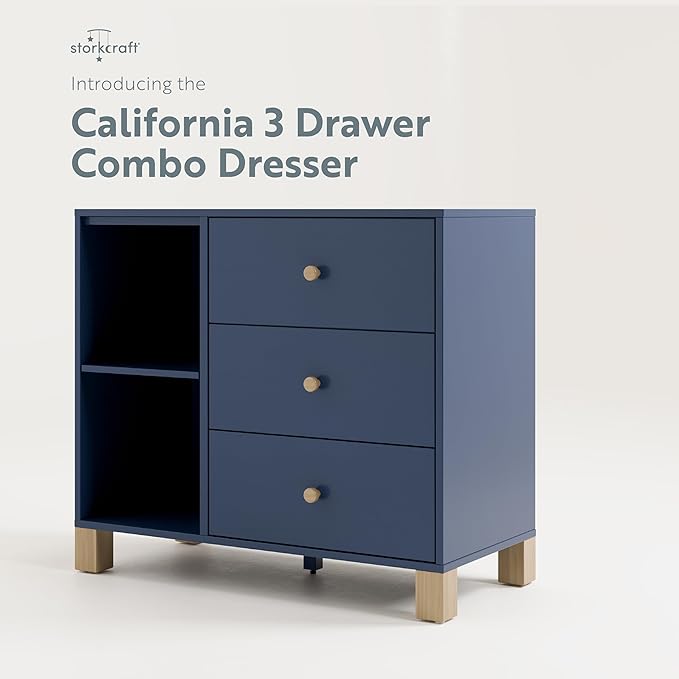 Storkcraft California 3 Drawer Combo Dresser (Midnight Blue with Driftwood) – GREENGUARD Gold Certified, Interlocking Drawer System, Pre-Installed Drawer Tracks for Easier Assembly, Spacious Cabinet