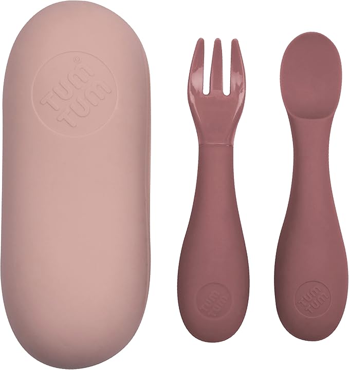 Baby Cutlery with Case - Baby Spoon & Fork Set, Self Feeding Cutlery, Silicone, 6+ Months, Pink
