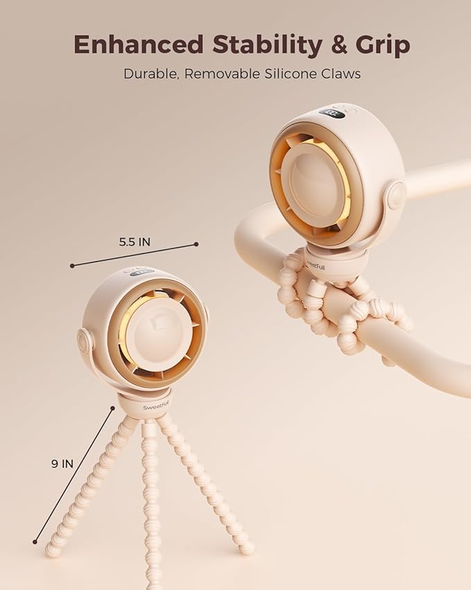 SWEETFULL Baby Stroller Fan - 4000mAh Rechargeable 4-Speed Quiet with LED Display & Night Light, Mini Portable 360° Clip On Safe Fan for Car Seat, Crib, Travel - Brown