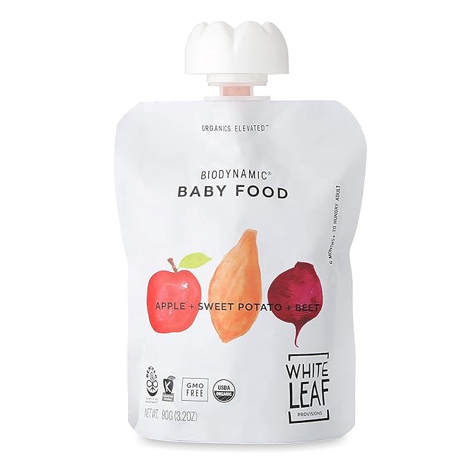 White Leaf Provisions Organic Purees / Baby Food Pouches - Fruits, Veggies & Grains, Toddler snack, Regeneratively Farmed, No Added Sugar, Non-GMO, BPA-Free Pouches 3.17 oz (Pack of 24, Apple + Sweet Potato + Beet)