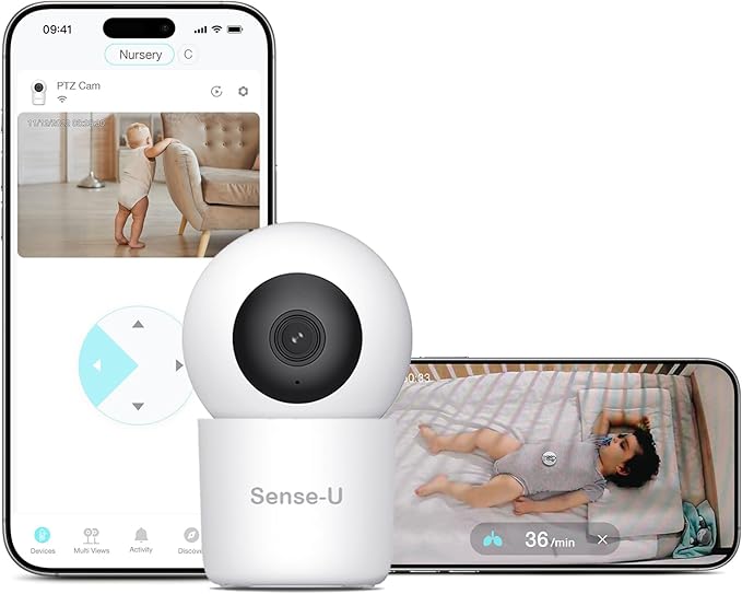 Sense-U AI 2.5K PTZ Baby Camera Monitor with Sensor-Free Sleep Breathing Movement Detection, Smart Security Indoor Video Camera with Background Audio, Cry Detection, No Monthly Fee, for Peace of Mind