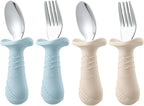 PandaEar Baby Toddler Fork and Spoon Utensil Set, 6 Pack Silicone Stainless Steel Silverware Spoon Fork for Babies Toddler, BPA Free with Silicone Holding Anti-Choke Design (Green Blue Brown)