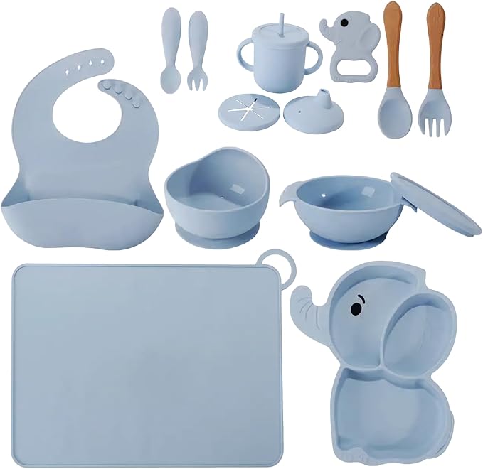 Silicone Baby Feeding Set 15-Piece BPA-Free Baby Led Weaning Kit for 6+ Months – Elephant Suction Plate, Bowl, Forks, Spoons, Bib, Cup, lids, Teether & More – Gift Kraft Box – Baby Registry Blue Gray