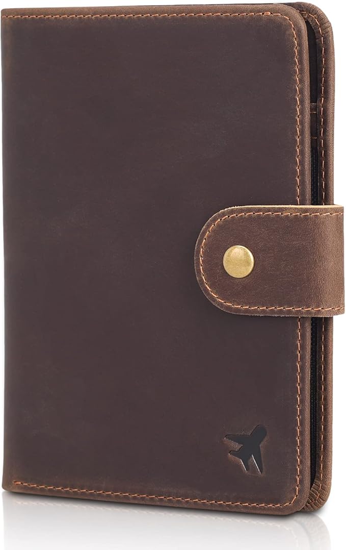 Polare Luxury RFID Blocking Leather Passport Holder Travel Wallet For Men and Women (Dark Brown(Snap Version))