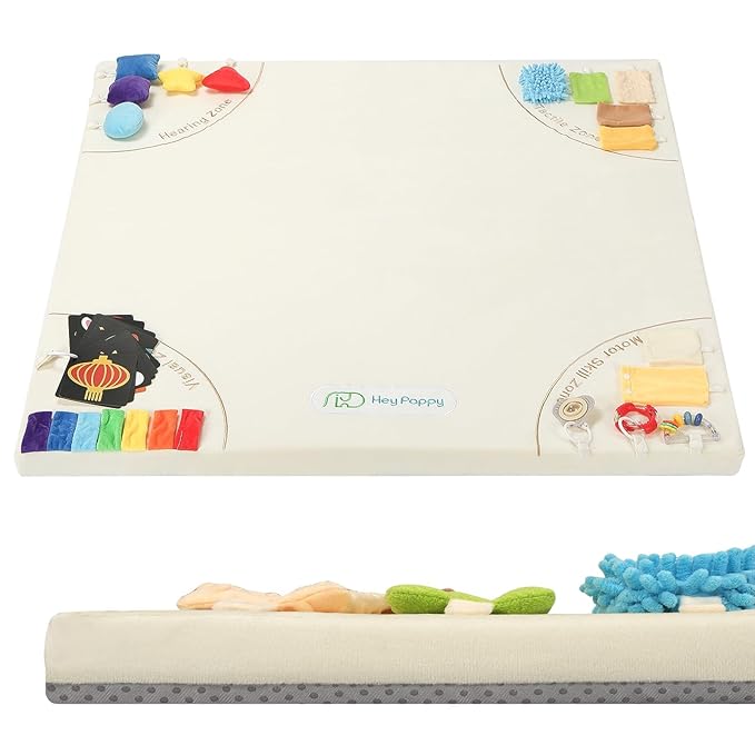 Baby Play Mat, Unique Crawling Mats with 4 Sensory Development Zones for Motor Skills, 50''x50'' Playpen Mats with Non-Slip Cushioned that Fits Nicely Into Any Playroom, Beige