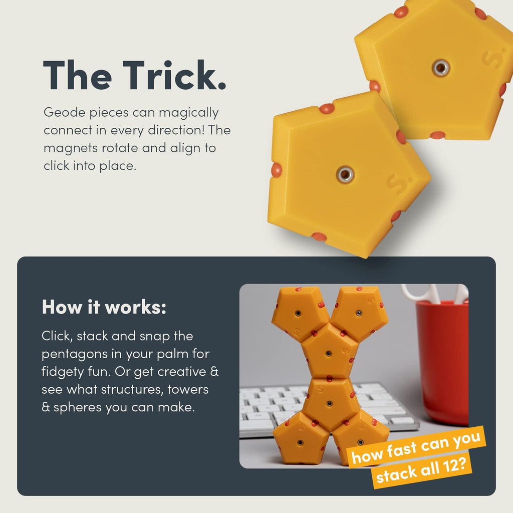 Speks Geode Matte Pentagons Magnetic Fidget Toy for Adults | Quiet Sensory Toy for Stress Relief & Anxiety, Office Desk Toy & Top Gadget Gift Idea | Solar Flare, 12-Piece Set