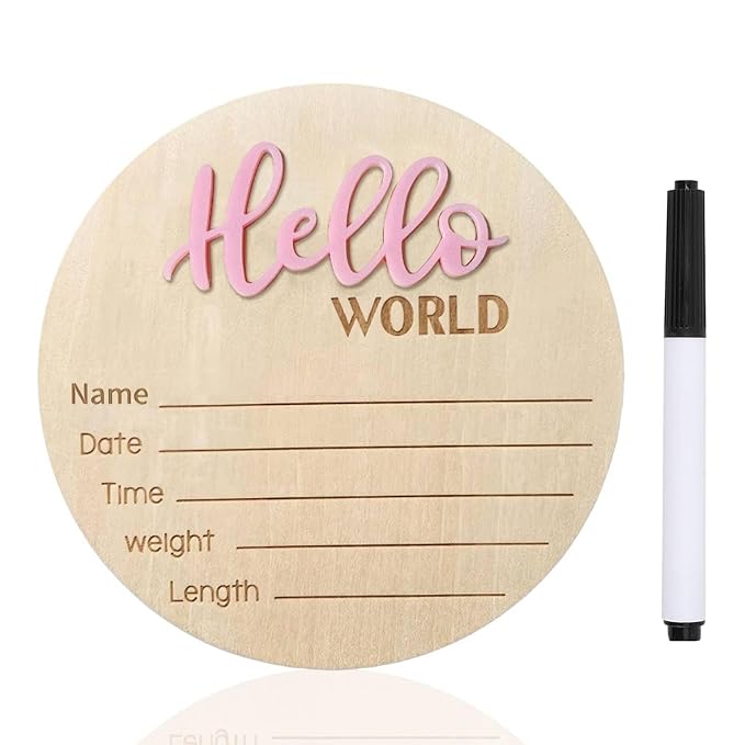 Baby Announcement Sign, 5.9 Inch Wooden Hello World Newborn Signs, Birth Announcement Sign, Baby Shower Hospital Nursery for Newborn Boys and Girls (Pink,Pen)