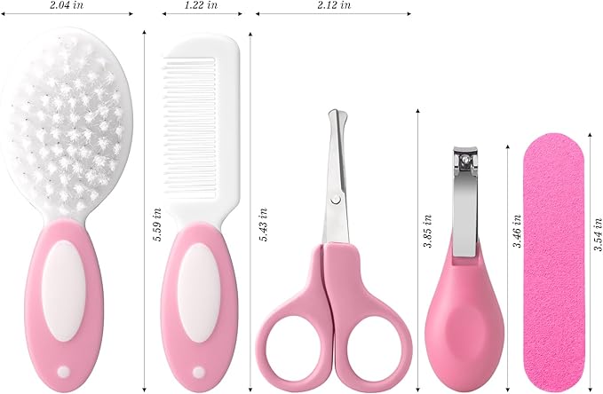 5-Piece Baby Grooming Kit with Multi-Use Storage Pouch - Infant Brush,Rounded Comb,Scissors,Nail Clippers & Emery Board -Essentials for Newborn Care & Travel Pink