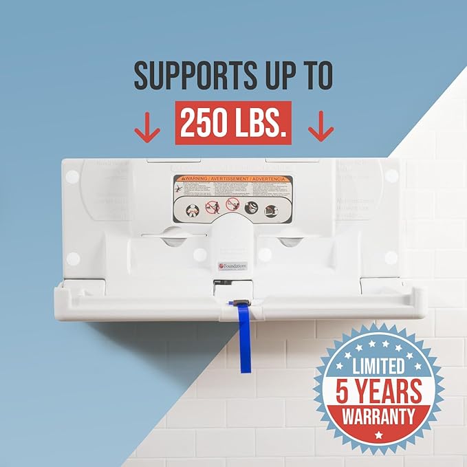 Foundations Classic Horizontal Wall-Mounted Baby Changing Station for Commercial Restrooms, Includes One Handed Adjustable Safety Strap & Liner Dispenser, Gray (100-EH)