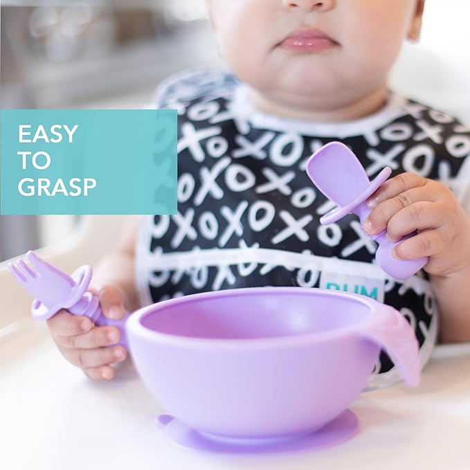 Bumkins Baby Utensils Set, Chewtensils Silicone Spoons for Dipping, Self-Feeding, Baby Led Weaning, Trainer Learning, First Stage Eating, Soft Practice Fork and Spoon, Babies 6 Months, Lavender