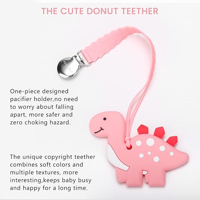 Teething Toys for Babies, Baby Teethers with Clip Silicone Teether Toys for Boys and Girls Infant Teething Relief Dinosaur Shape, Pink
