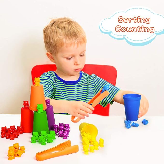 Bmag Counting Bears with Matching Sorting Cups,Number Color Recognition STEM Educational Toy for Toddler, Pre-School Learning Toy with 90 Bears,2 Tweezers,11 Activity Cards,1 Storage Box