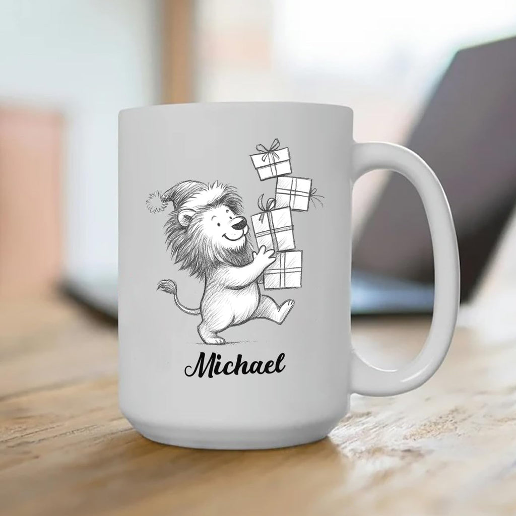 Personalized Lion Lover Coffee Cup 11 Oz 15 Oz, Lion Wild Animal Ceramic Coffee Mug Gift For Kids Child on Birthday Holiday, Custom Name Lions White Accent Teacup, Animal Travel Mug Gift For Friends