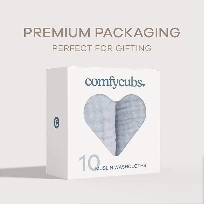 Comfy Cubs Muslin Baby Washcloths 10 Pack - Soft 6-Layer Cotton Wash Cloths for Sensitive Skin - 10"x10" Large, Gentle, Absorbent Infant Essentials for Newborn and Toddlers - Slate