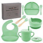 100% Silicone Baby Feeding Set,BPA Free Baby Dishes Set with Suction Bowl Divided Plate,Toddler Self Feeding Dish Set with Spoons Forks Sippy Cup and Bib, Baby Eating Utensils (Neon Green)