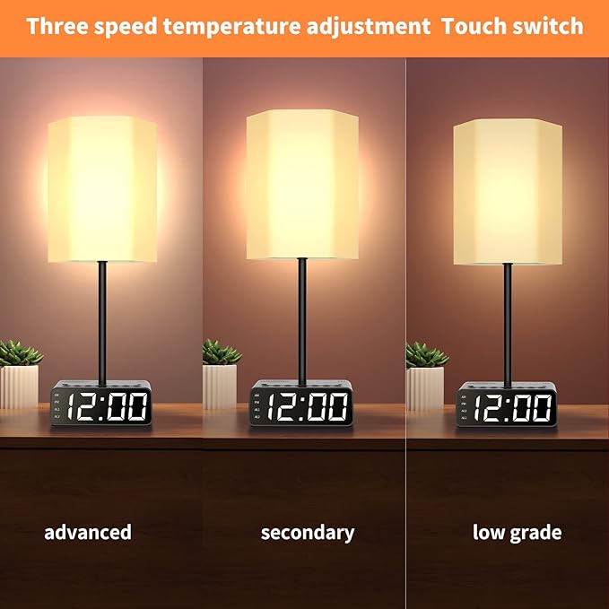 Table Lamp Alarm Clock with USB Ports and AC Outlet, Beside Lamp with Charging Station Speakers and Radio, Power Outlet with Touch Control 3-Way Dimmable Nightstand Lamp for Kids Study Room, Bedroom