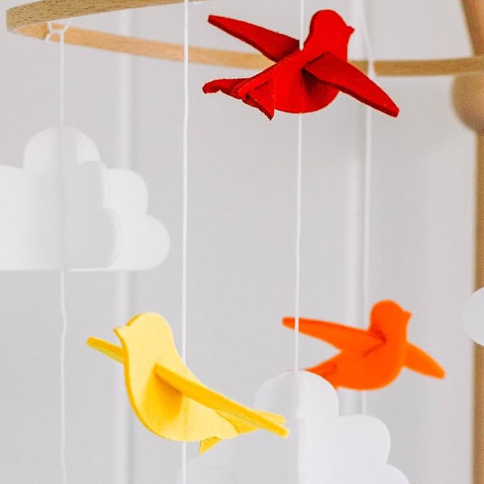 Baby Crib Mobile – Wooden Hanging Nursery Mobile for Bassinet, Baby Nursery Decor for Boys & Girls, Perfect for Shower Gift (Rainbow Birds in The Clouds, w/Garland) Sorrel + Fern
