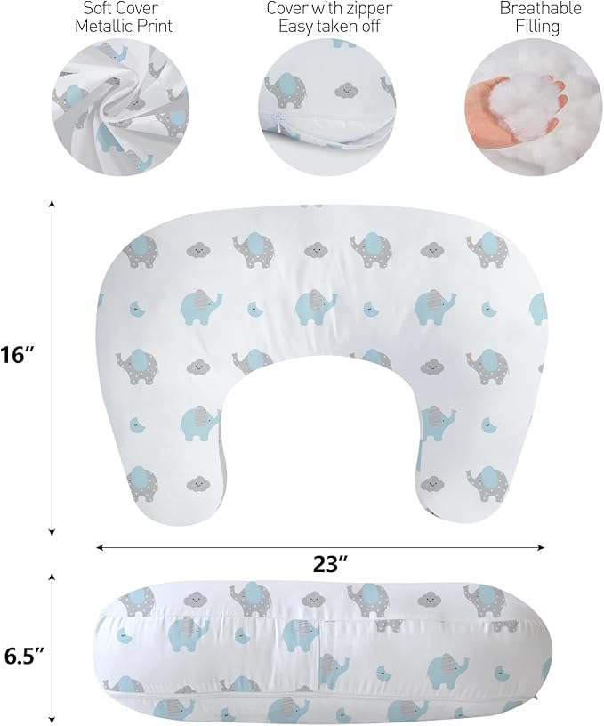 Little Grape Land New Nursing Pillow for Breastfeeding, Larger Breast Feeding Pillow and Positioner with Removable Cover for More Support, Tummy Time and Bottle Feeding Support Pillow, Blue Elephant