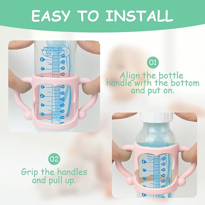 Silicone Baby Bottle Handles, 2PCS Bottle Handles for Dr Brown Narrow Bottles, Easy Grip Handles to Hold Baby Bottle, Easy Carry Handle Lightweight Bottle Handle(Pink/Orange)