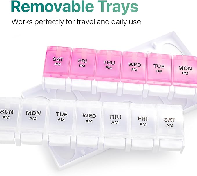 Sukuos AM PM Weekly Pill Organizer 7 Day, 2 Times A Day Medicine Pill Box with Easy Push Button, BPA Free Vitamin Cases for Fish Oil/Supplements (Pink&White)