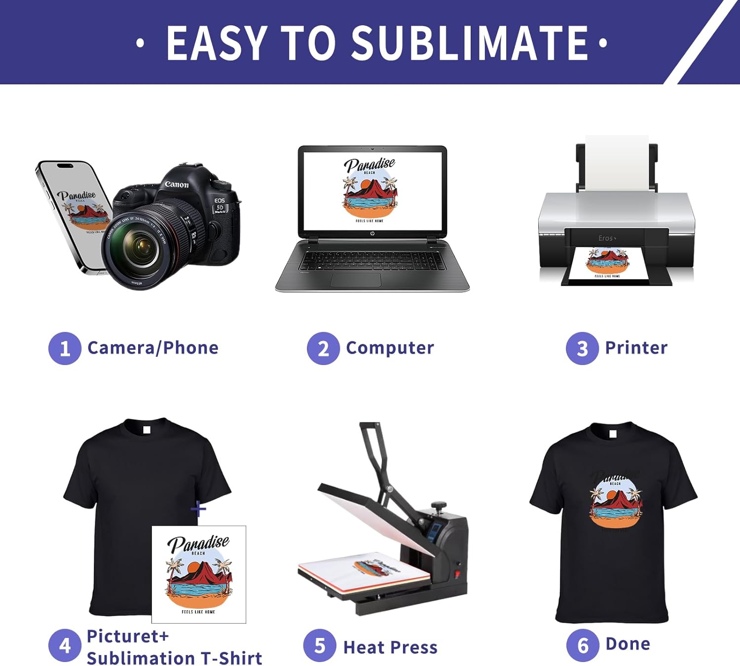 Polyester Adult T-Shirts for Sublimation, 6 Pack, White, Crew Neck, Short Sleeve