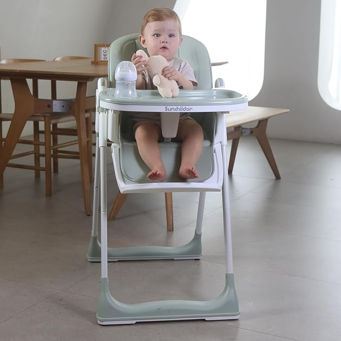 3 in 1 Baby High Chair with Wheels, Adjustable 5 Point Harness, Tray, Foot Rest, Backrest and Seat Height, Foldable High Chair for Toddlers, Green