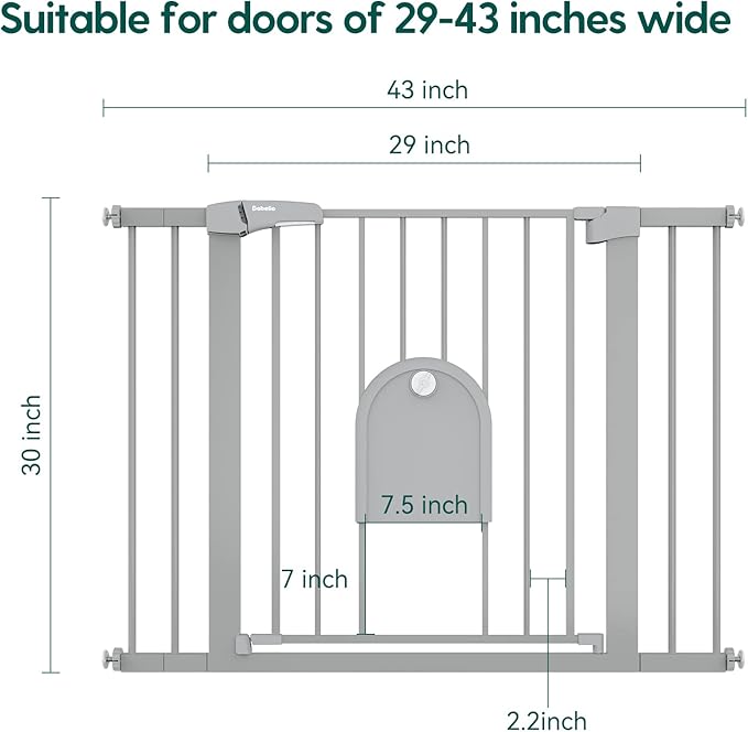 Babelio Auto Close Baby Gate with Small Cat Door, 29-43" Metal Cat Gate for Doorway, Stairs, House, Easy Walk Thru Dog Gate with pet Door, Includes 4 Wall Cups and 3 Extension Pieces, Gray