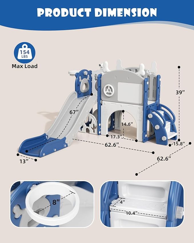YUFU 12 in 1 Kids Slide for Toddlers, Toddler Slide Playset with Golf, Drawing Board, Climber, Basketball Hoop and Storage Space, Indoor Outdoor Toddler Playground for Kids Age 1-3 (Blue)